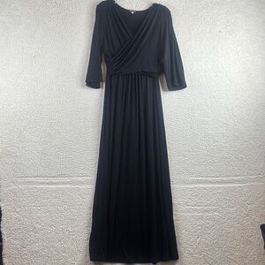 NWT Kiyonna Womens Black 3/4 Sleeves Ruched Waist Faux Wrap Maxi Dress Size 0